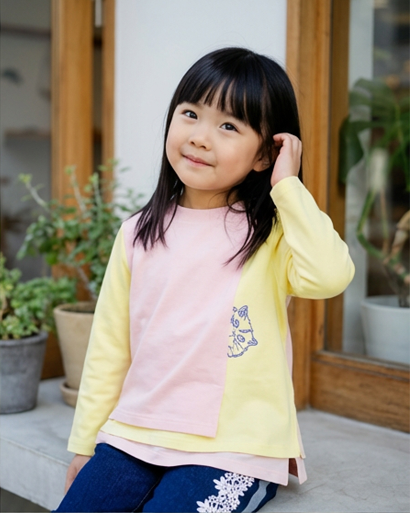 貓貓刺繡疊層剪裁T恤