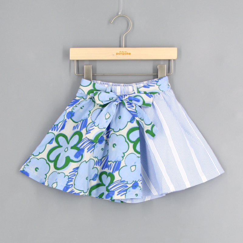 撞色花卉拼直紋裙褲