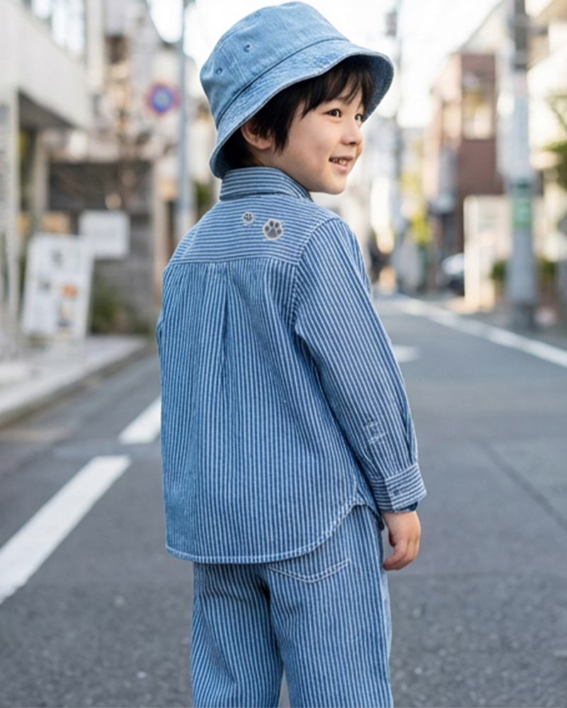 貓咪刺繡條紋牛仔襯衣