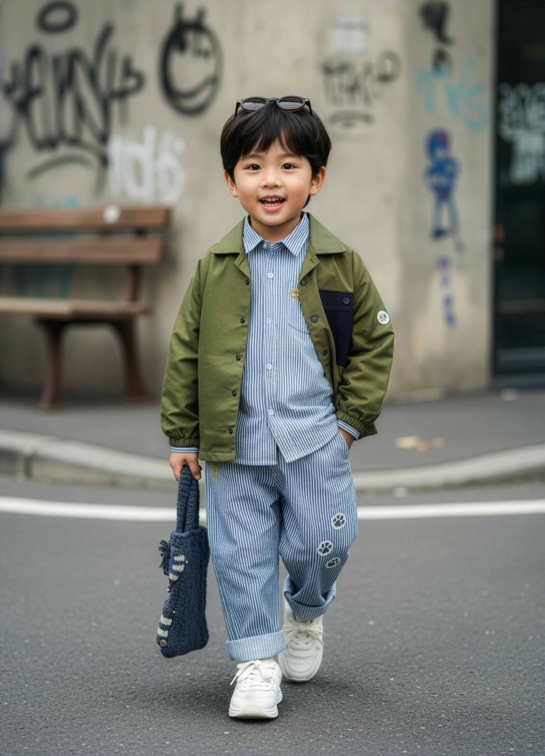 貓咪刺繡條紋牛仔長褲