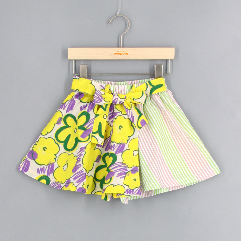 撞色花卉拼直紋裙褲