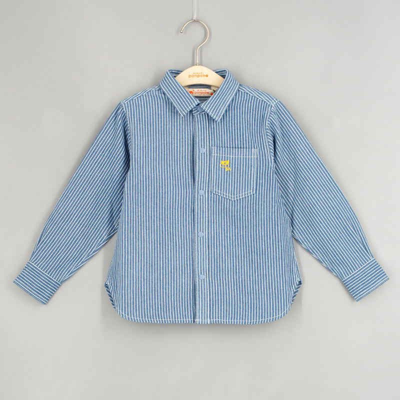 貓咪刺繡條紋牛仔襯衣