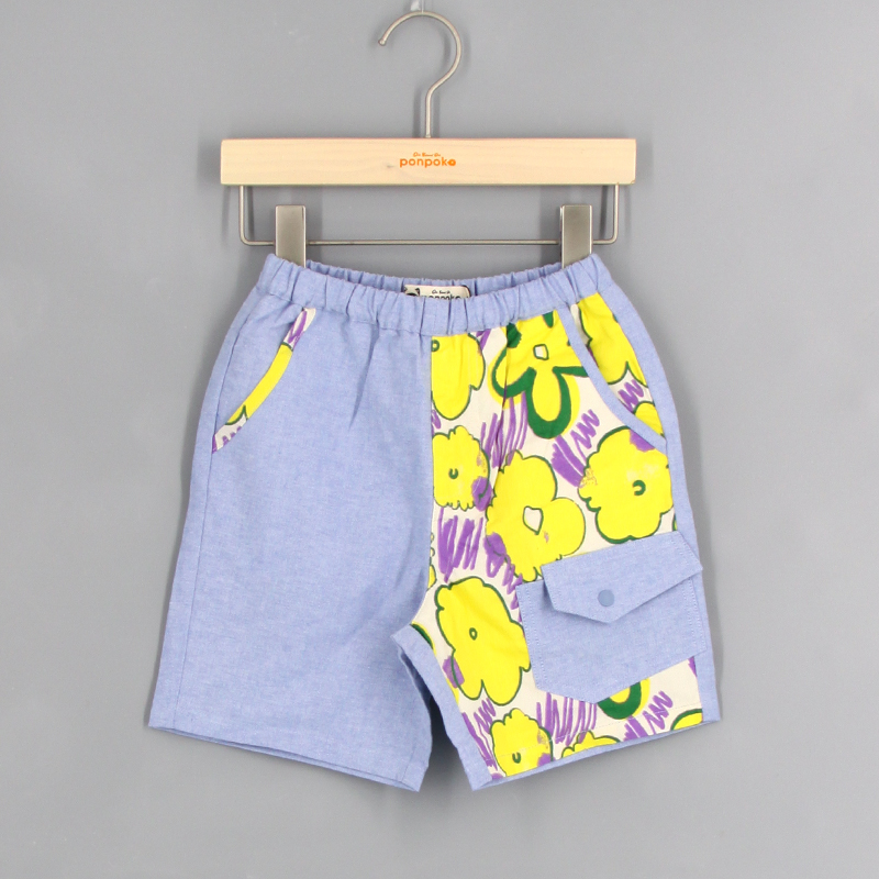 撞色花卉拼布短褲