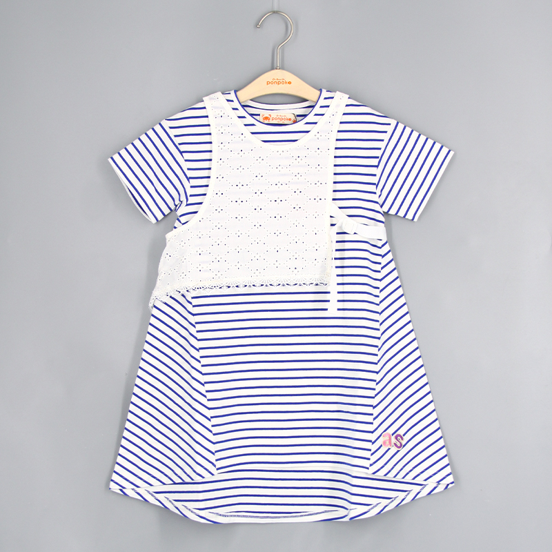 假兩件間條連衣裙