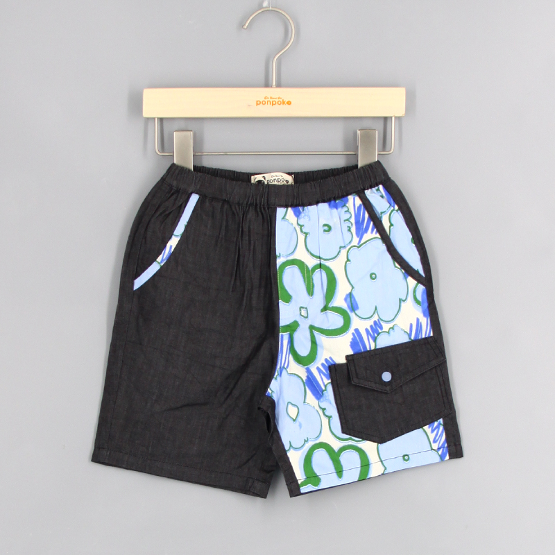 撞色花卉拼布短褲